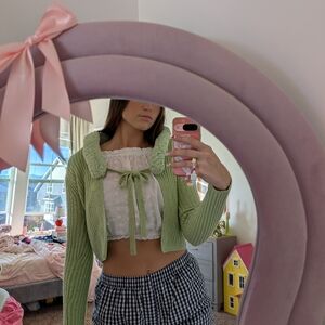 Women's Green Ribbed Sweater with Faux Fur Collar Size Small